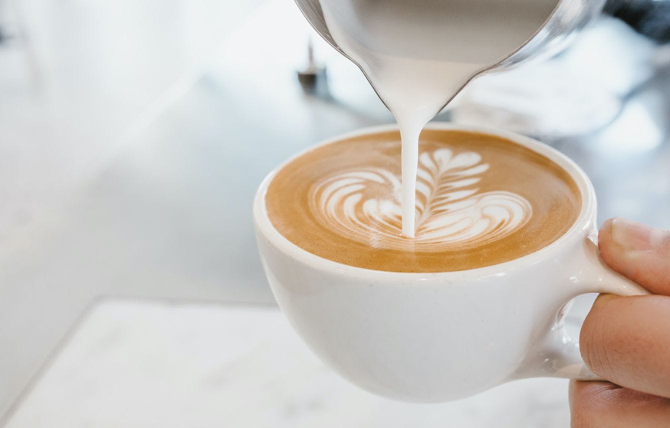 pouring steamed milk to a kinto latte mug